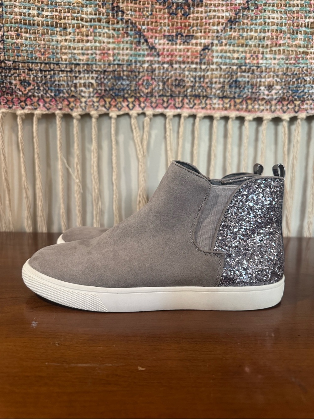SO Gray Suede Slip-On Sneakers with Silver Glitter Heel